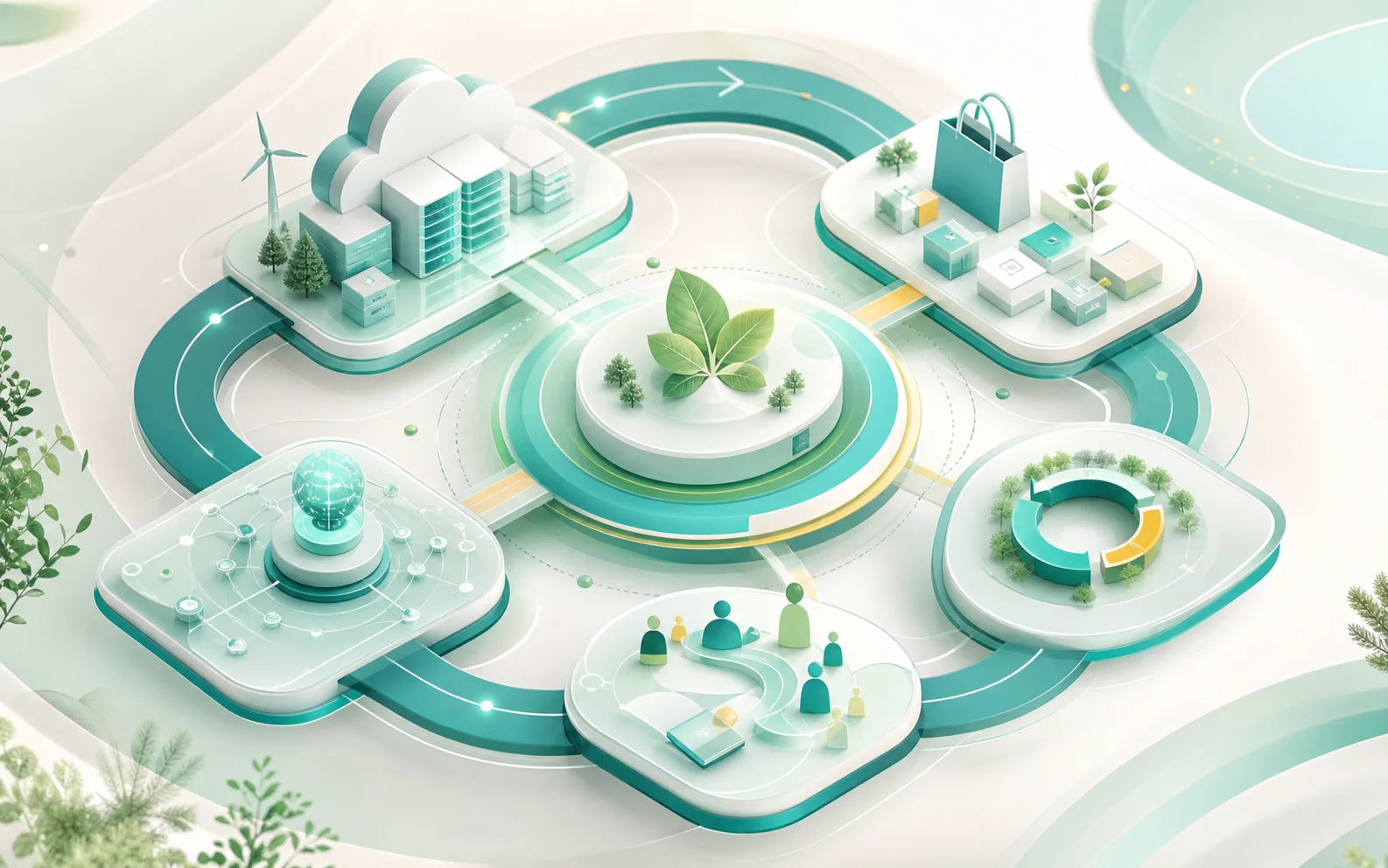 Abstract ecosystem connecting infrastructure, commerce, AI, skills, and sustainable mission growth