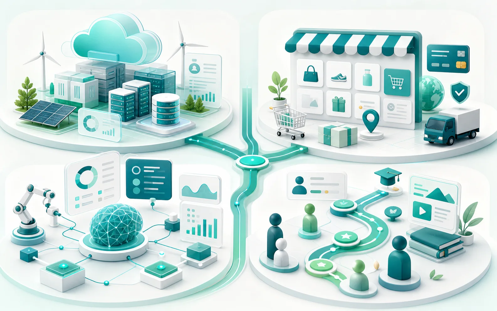 Connected visual collage of Social Cloud, Social Commerce, AI automation, and Skills Academy platforms